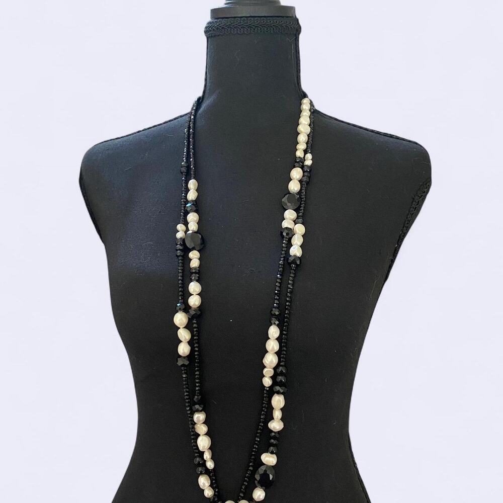 Vintage Freshwater Pearl & Faceted Black Crystal 42" Double Strand Necklace